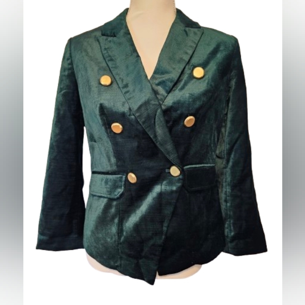 Chico's Dark Green and Gold Button Velveteen Blazer Jacket Women's Size 0